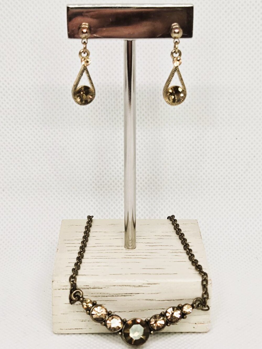 Champagne Rhinestone Necklace & Drop Earrings Set | Antique Gold Tone